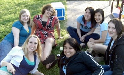 Marcella Vokey (in red) with her College friends