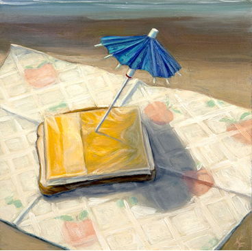 Cheese Slice in Paradise, Oil on Board, by Katherine Fenwick Published Courtesy of www.fenwickstudio.com 